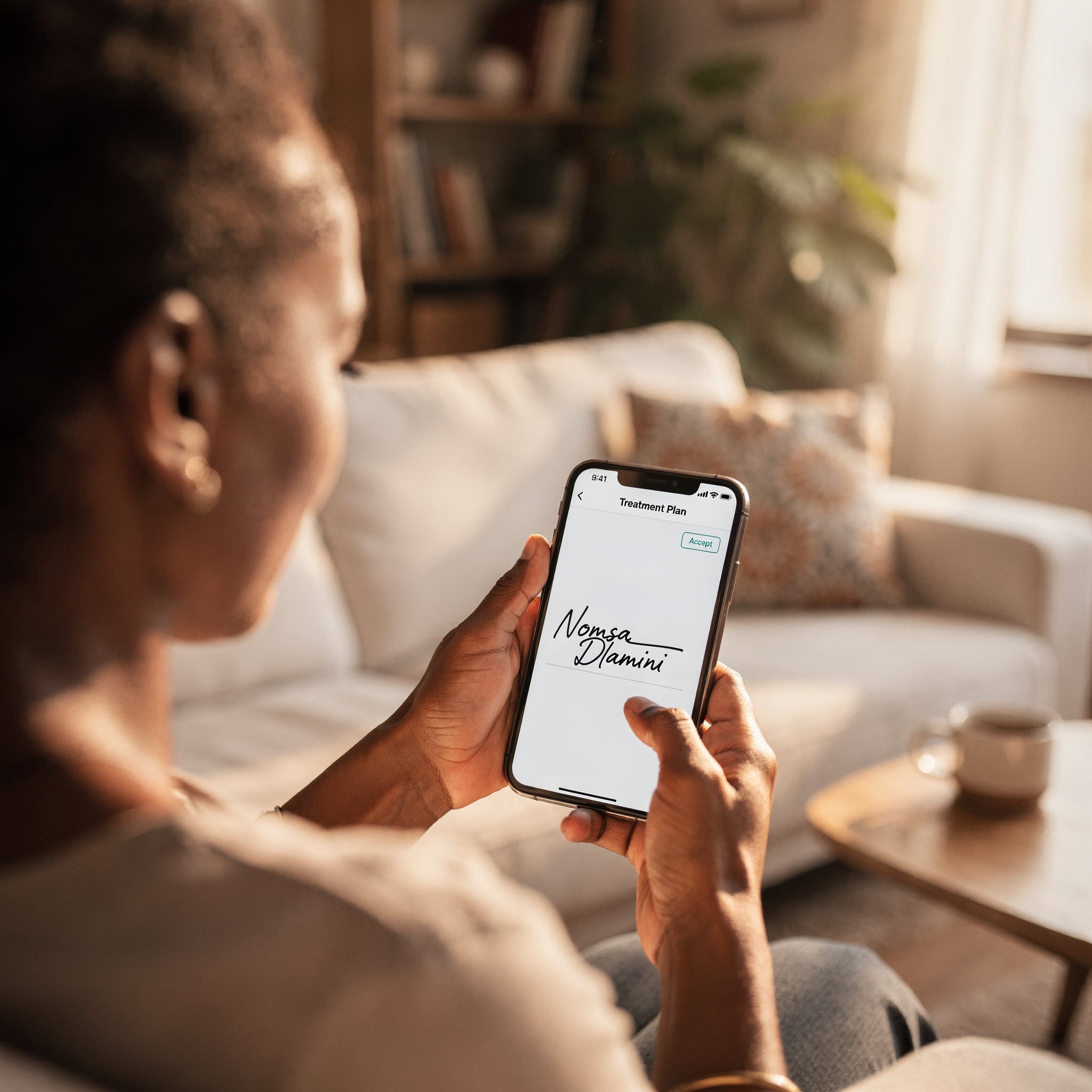 Patient signing treatment plan consent on mobile
